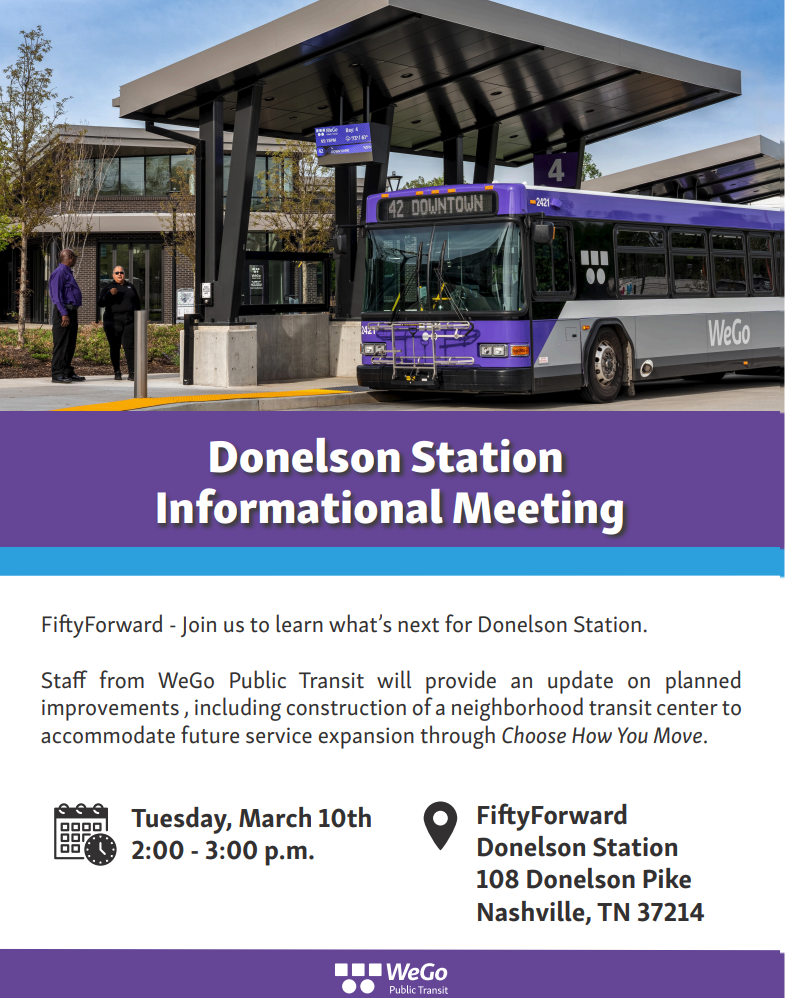 Public meeting flyer for planned improvements at Donelson Station.