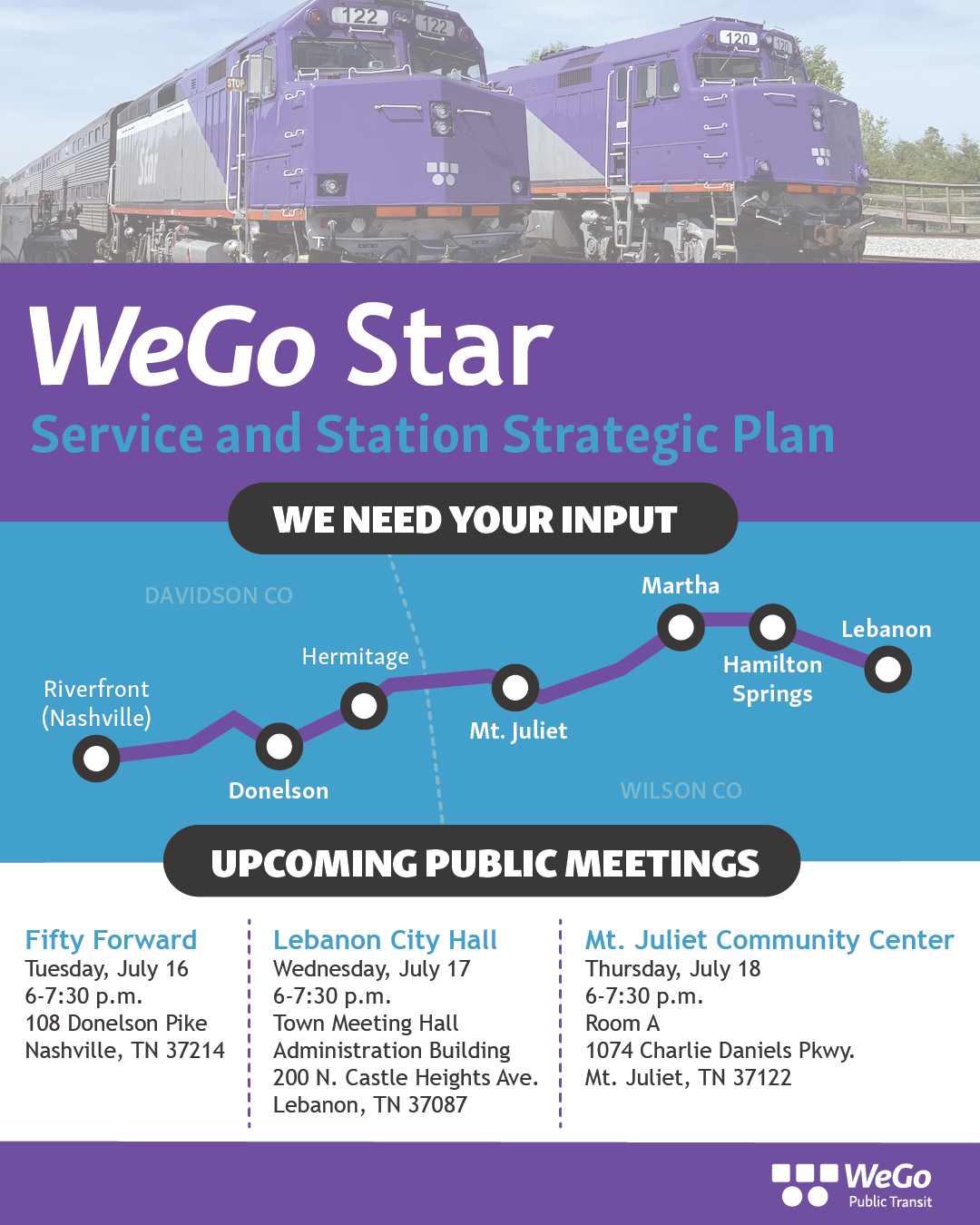 WeGo Star public meeting graphic inviting input on service and station planning.
